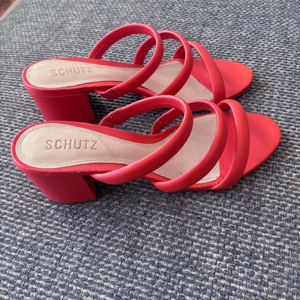 SCHUTZ Women's Olly Mid Block Heel Nappa Leather Orange Strappy Sandal | Sz 8.5